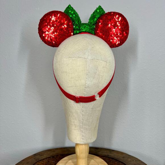 🎄 Holly Berry Sparkle Elastic Minnie Ears | Disney-Inspired Adjustable Ears - Picture 4 of 5